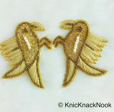 Embroidered Birds Pair Applique With Beige / Red / Blue And Antique Gold Embroidery, Gold And Pearl Beads